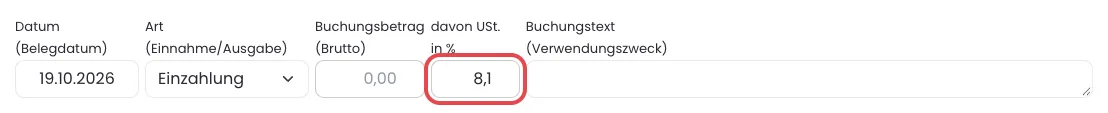 Eingabeformular des Kassenbuchs, im Feld davon USt. in % steht 8,1