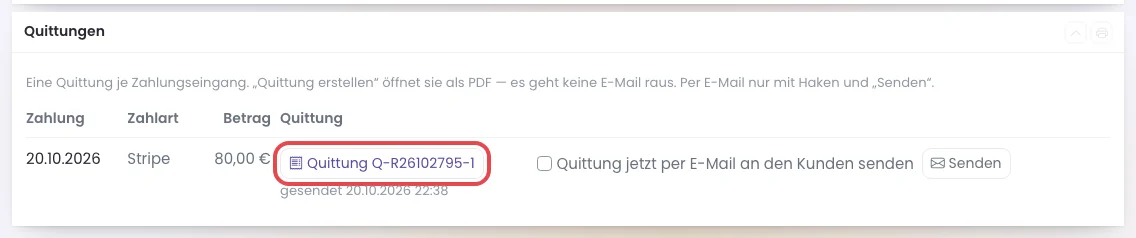 Kasten Quittungen mit dem Link zur Quittung