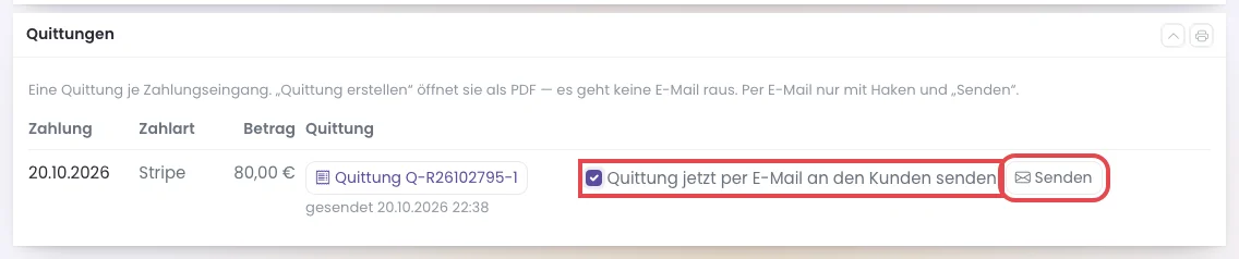 Haken und Knopf Senden im Kasten Quittungen