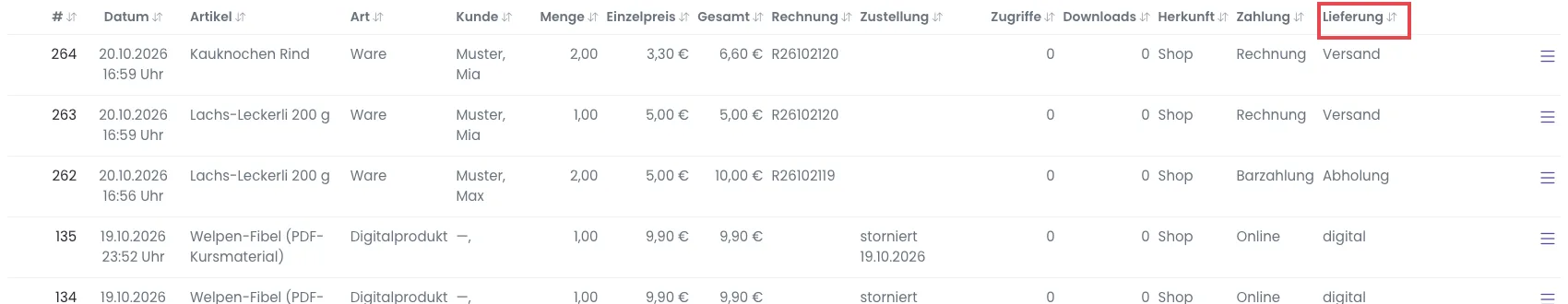 Liste Shop-Verkäufe mit der Spalte Lieferung