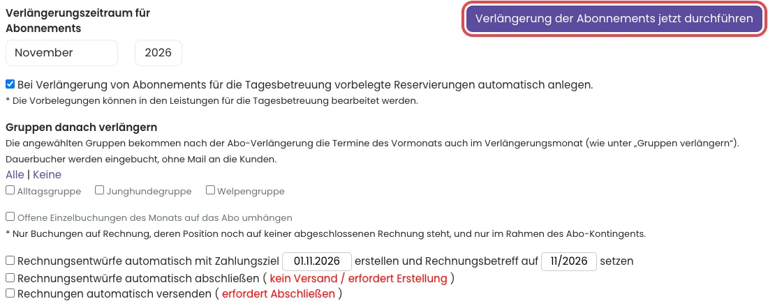 Kasten Verlängerungsoptionen für Abonnements mit Monat, Jahr, Haken und dem Knopf Verlängerung der Abonnements jetzt durchführen
