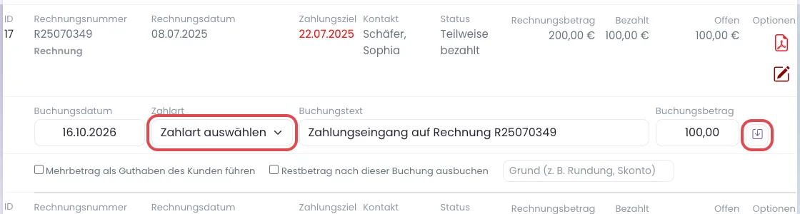 Eine offene Rechnung in den Ausgangsbelegen mit Eingabezeile, markiert sind die Zahlart-Auswahl und das Disketten-Symbol