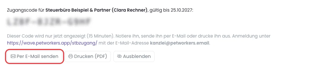 Der Kasten Zugangscode mit den Knöpfen Per E-Mail senden, Drucken und Ausblenden