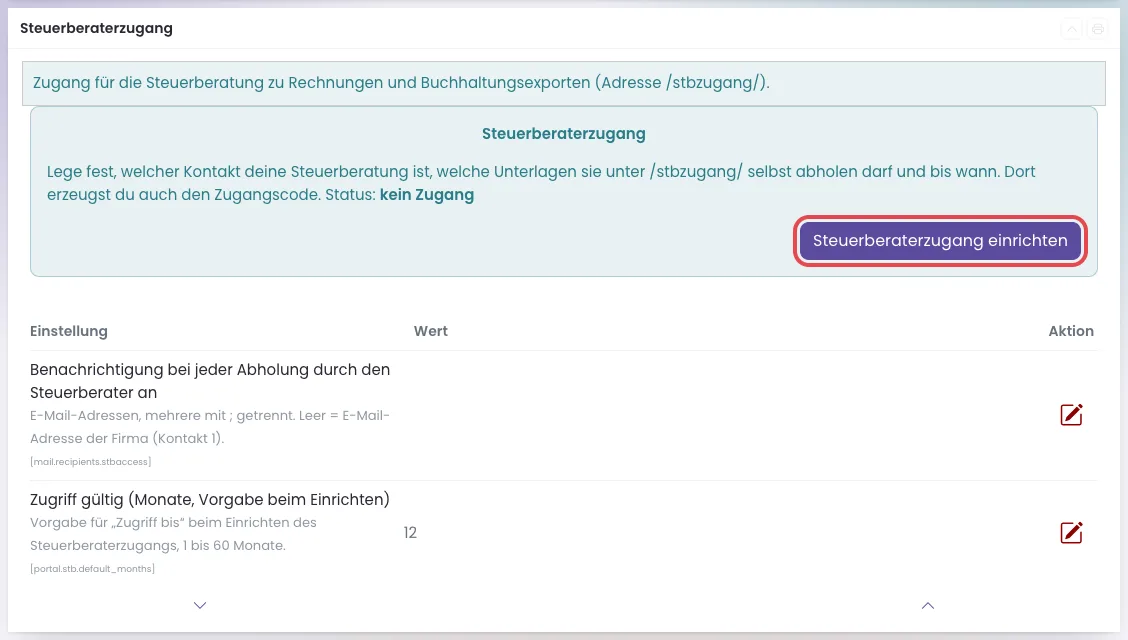 Die Einstellungsgruppe Steuerberaterzugang mit dem Knopf Steuerberaterzugang einrichten
