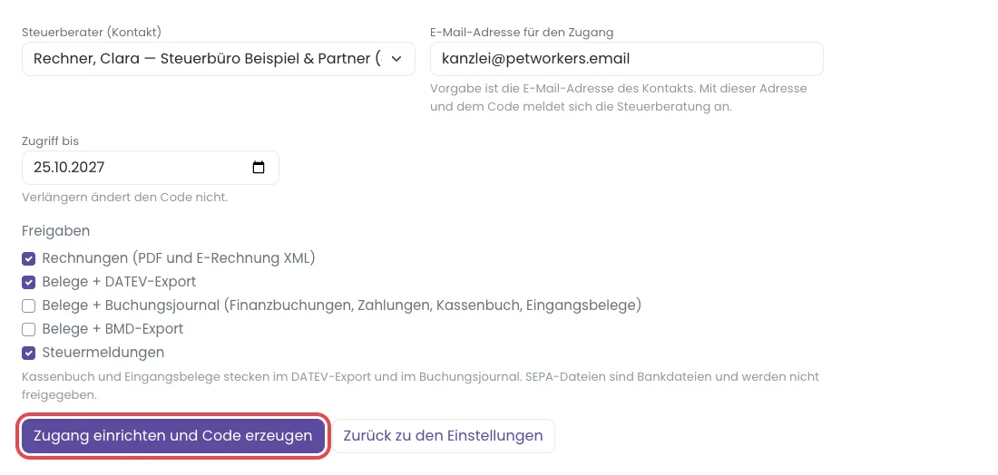 Das ausgefüllte Formular des Steuerberaterzugangs