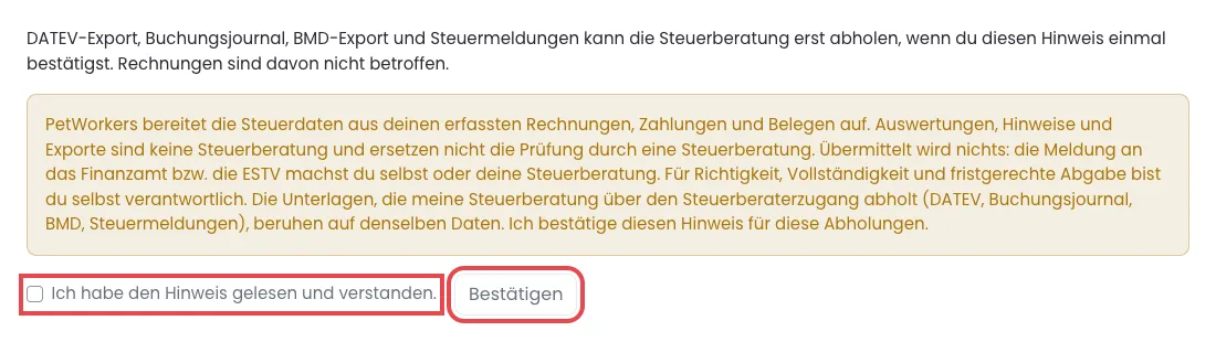 Der Kasten Hinweis Keine Steuerberatung mit Haken und Bestätigen