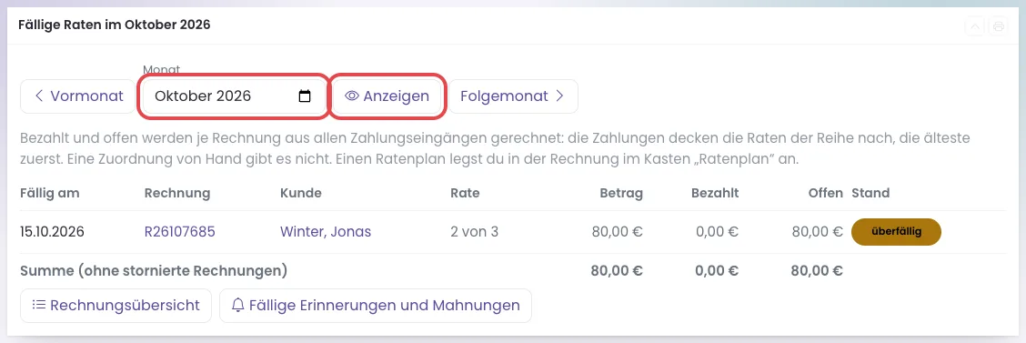 Seite Fällige Raten im Oktober 2026, Feld Monat und Knopf Anzeigen rot markiert, darunter eine überfällige Rate