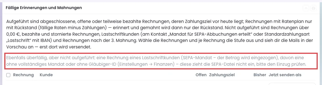 Kopf der Liste Fällige Erinnerungen und Mahnungen, der graue Hinweis zu Lastschriftkunden ohne vollständiges Mandat ist rot umrandet