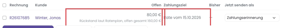 Zeile einer Rechnung mit Ratenplan in der Mahnliste, Offen mit Zusatz Rückstand laut Ratenplan und Zahlungsziel Rate vom, rot markiert