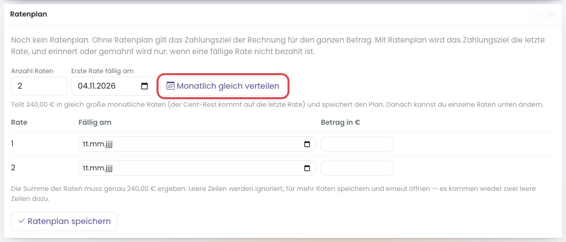 Kasten Ratenplan, der Knopf Monatlich gleich verteilen ist rot markiert