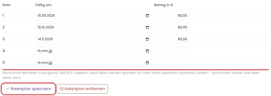 Tabelle mit drei Raten und zwei leeren Zeilen, darunter der Knopf Ratenplan speichern, beides rot markiert