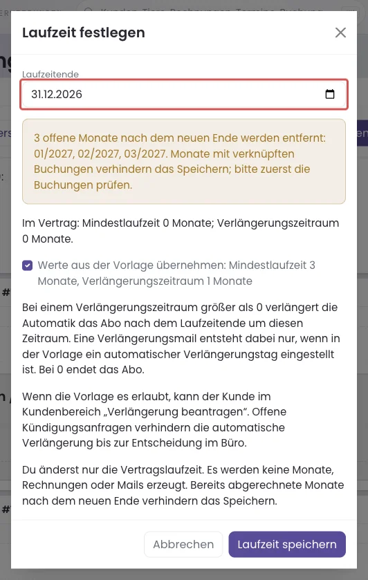 Laufzeitende und Vorschau der drei zu entfernenden offenen Monate