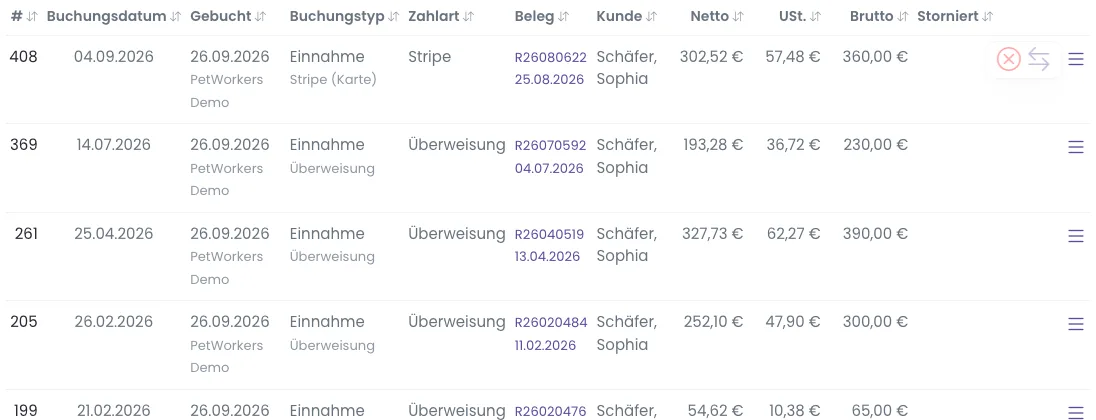 Finanzbuchungen eines Kunden, in der ersten Zeile sind die Symbole Stornieren und Umbuchen aufgeklappt