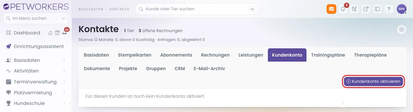 Kundenkartei, Reiter Kundenkonto mit dem Knopf Kundenkonto aktivieren