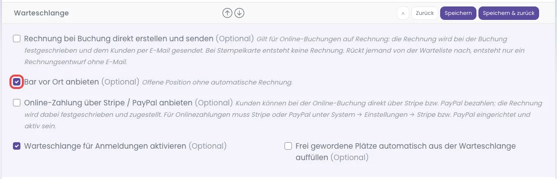 Abschnitt Warteschlange eines Kurses mit dem Haken Bar vor Ort anbieten