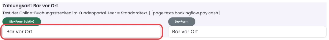 Standardtext Zahlungsart: Bar vor Ort mit Sie-Form und Du-Form