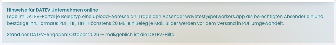 Kasten Hinweise für DATEV Unternehmen online mit der Absenderadresse