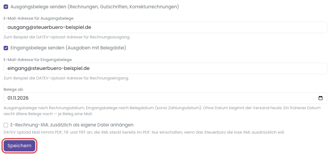 Einstellungen des Belegversands mit beiden Haken, zwei Adressen und Datum