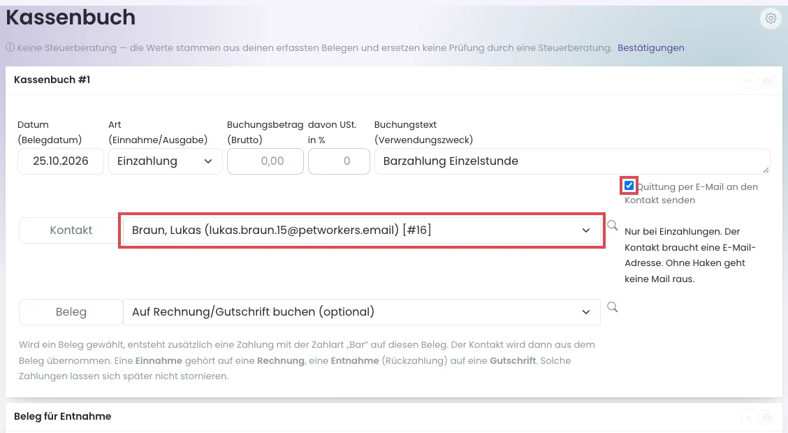 Kassenbuch-Formular mit gewähltem Kontakt und dem Haken Quittung per E-Mail an den Kontakt senden