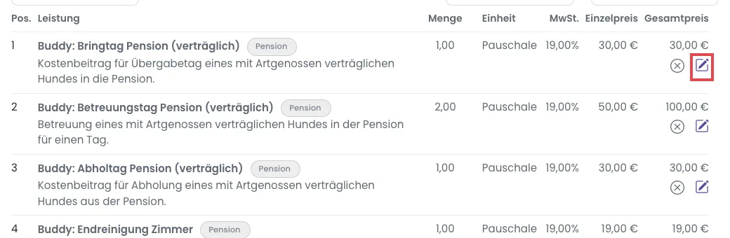 Positionsliste eines Rechnungsentwurfs mit dem Stift zum Bearbeiten