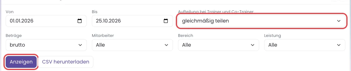 Kasten Zeitraum und Darstellung mit Von, Bis, Aufteilung, Beträge, Mitarbeiter, Bereich, Leistung