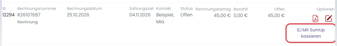 Zeile einer offenen Rechnung in den Ausgangsbelegen, der Knopf Mit SumUp kassieren ist rot umrandet