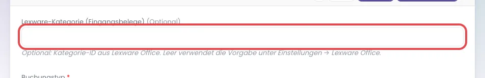 Formular Buchungskonto, das Feld Lexware-Kategorie (Eingangsbelege) ist rot umrandet