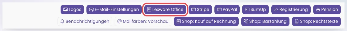 Die Einstellungen mit der Knopfleiste, der Knopf Lexware Office ist rot umrandet