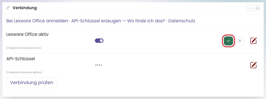 Der eingeschaltete Schalter Lexware Office aktiv, der grüne Haken ist rot umrandet