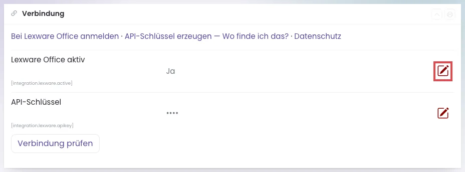 Kasten Verbindung, der Stift in der Zeile Lexware Office aktiv ist rot umrandet