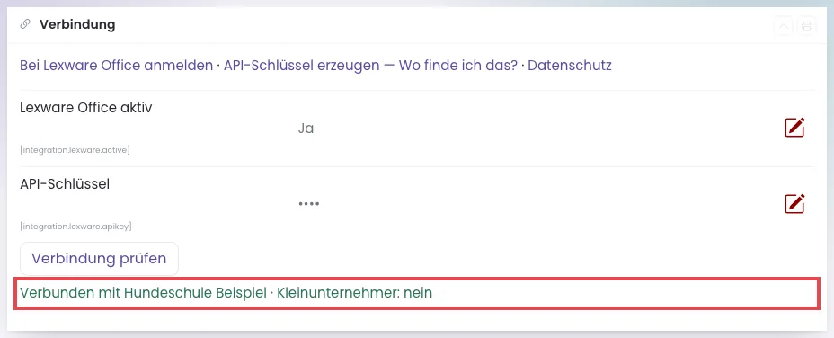 Grüne Meldung Verbunden mit Hundeschule Beispiel, Kleinunternehmer nein, rot umrandet