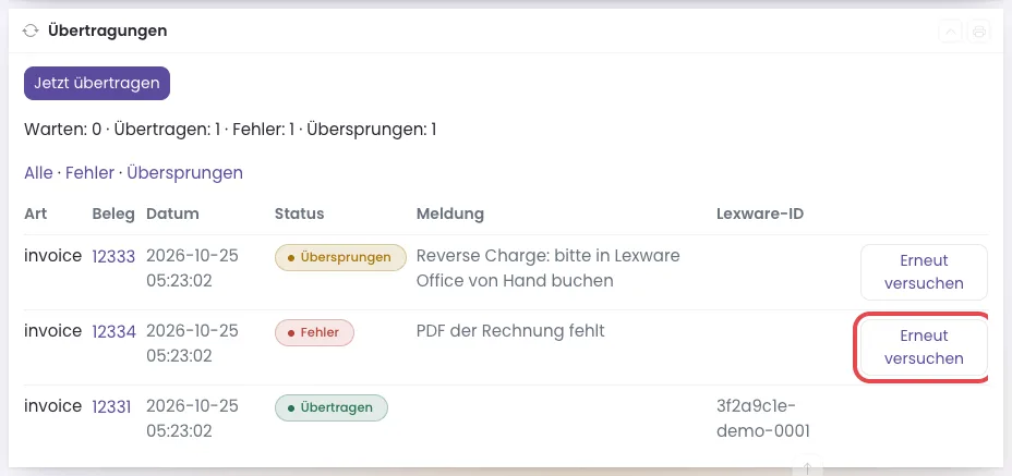 Liste der Übertragungen, der Knopf Erneut versuchen in der Zeile mit Fehler ist rot umrandet