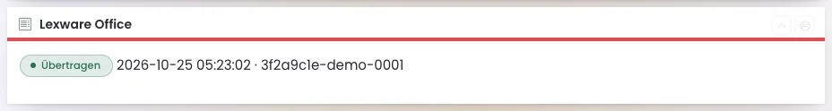 Kasten Lexware Office in einer Rechnung mit dem Status Übertragen und der Lexware-Kennung, rot umrandet