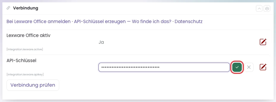 Das geöffnete Eingabefeld für den API-Schlüssel, der grüne Haken zum Speichern ist rot umrandet