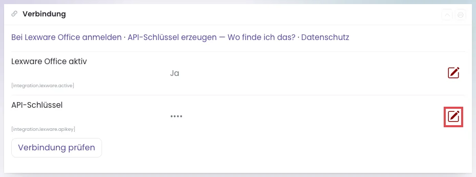 Kasten Verbindung, der Stift in der Zeile API-Schlüssel ist rot umrandet
