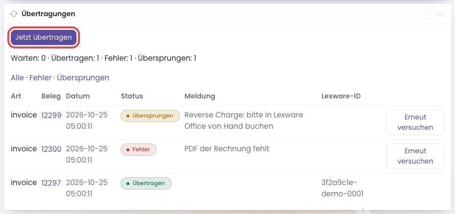 Kasten Übertragungen mit drei Belegen, der Knopf Jetzt übertragen ist rot umrandet