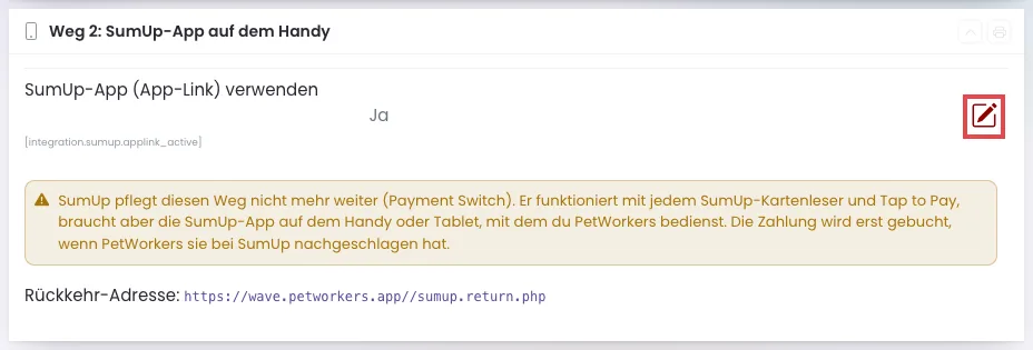 Kasten Weg 2, der Stift in der Zeile SumUp-App (App-Link) verwenden ist rot umrandet