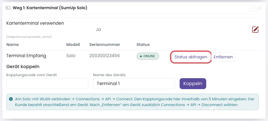 Geräteliste mit dem Gerät Terminal Empfang, Status ONLINE, der Knopf Status abfragen ist rot umrandet
