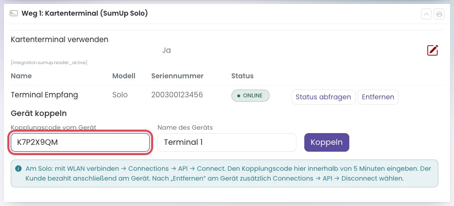 Kasten Weg 1, das Feld Kopplungscode vom Gerät mit einem Beispielcode ist rot umrandet