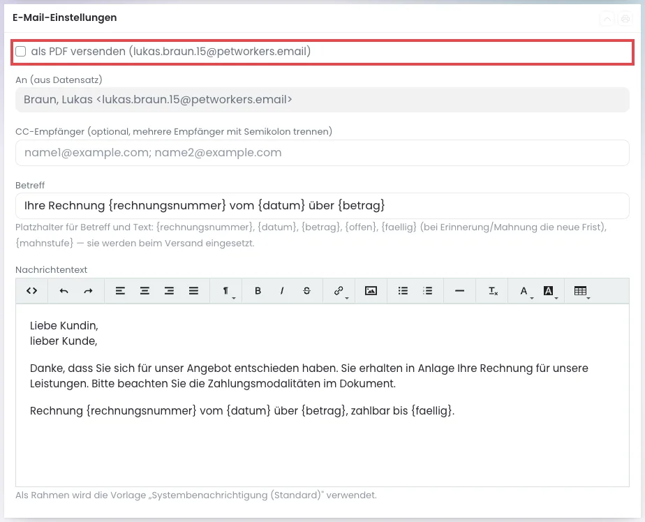 Kasten E-Mail-Einstellungen auf der Seite Rechnung abschließen, der Haken als PDF versenden ist rot markiert