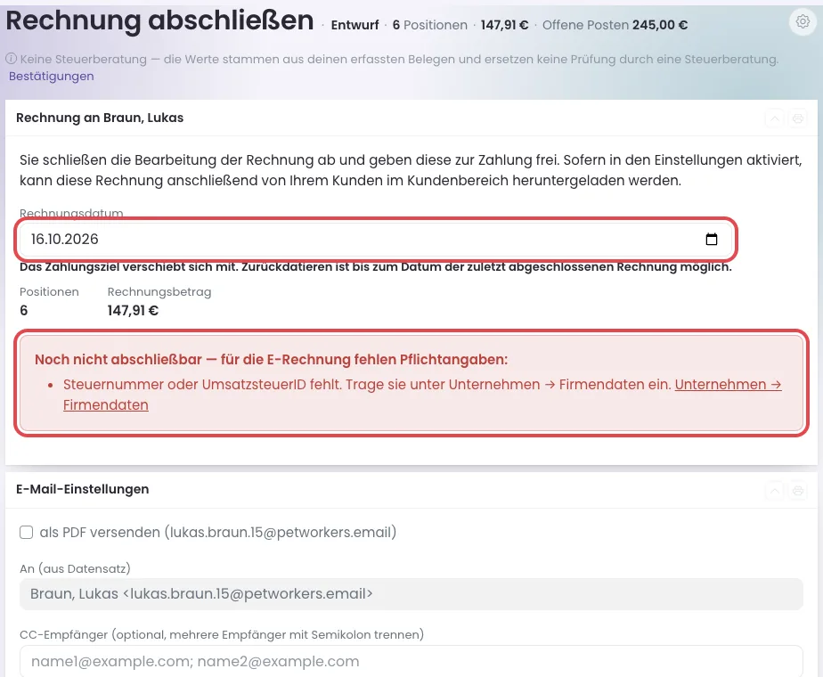 Seite Rechnung abschließen mit dem Feld Rechnungsdatum und dem roten Kasten Noch nicht abschließbar, beide rot markiert