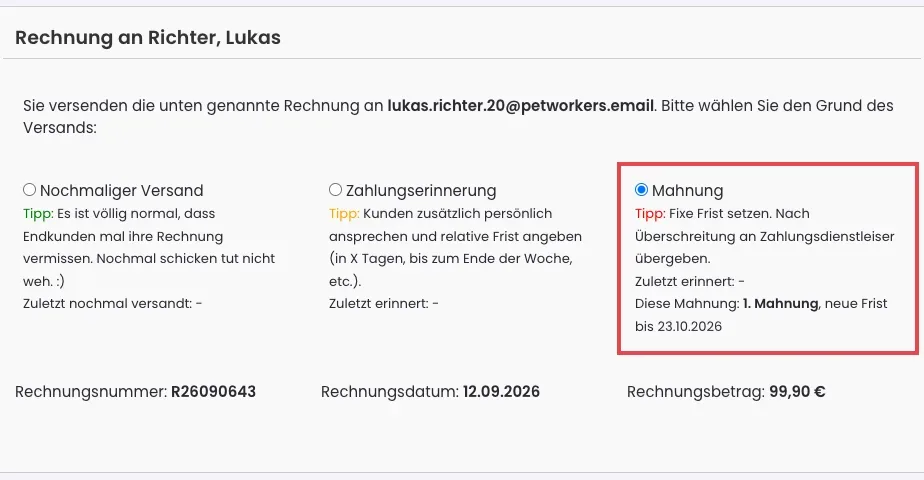 Rechnungsversand mit gewählter Mahnung, rot markiert, darunter 1. Mahnung und die neue Frist