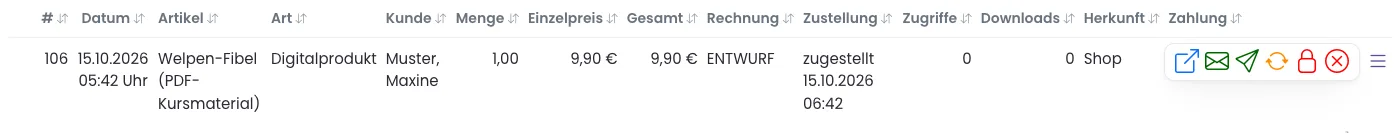 Shop-Verkäufe mit einem Digitalprodukt und den aufgeklappten Aktionssymbolen am Zeilenende