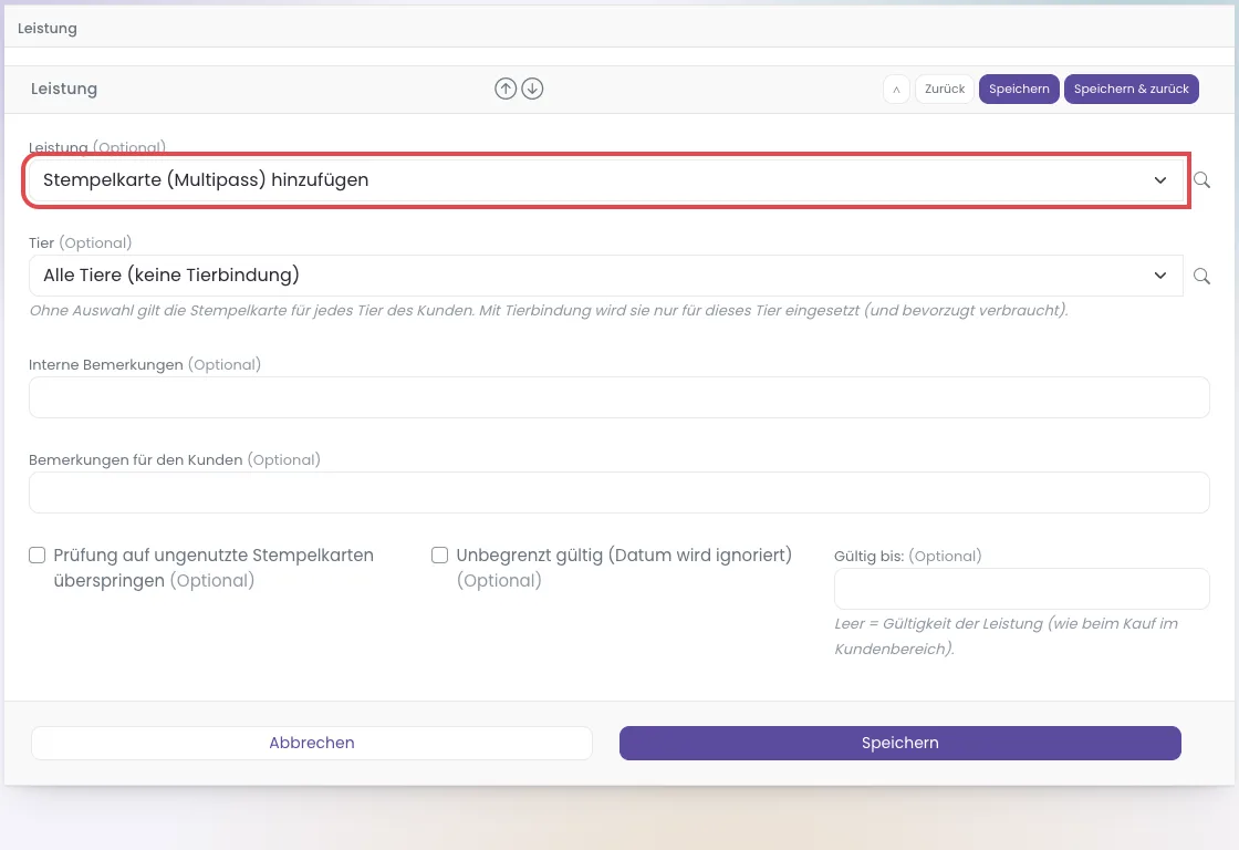 Formular zum Verkauf einer Stempelkarte mit Leistung, Tier, Bemerkungen und Gültigkeit