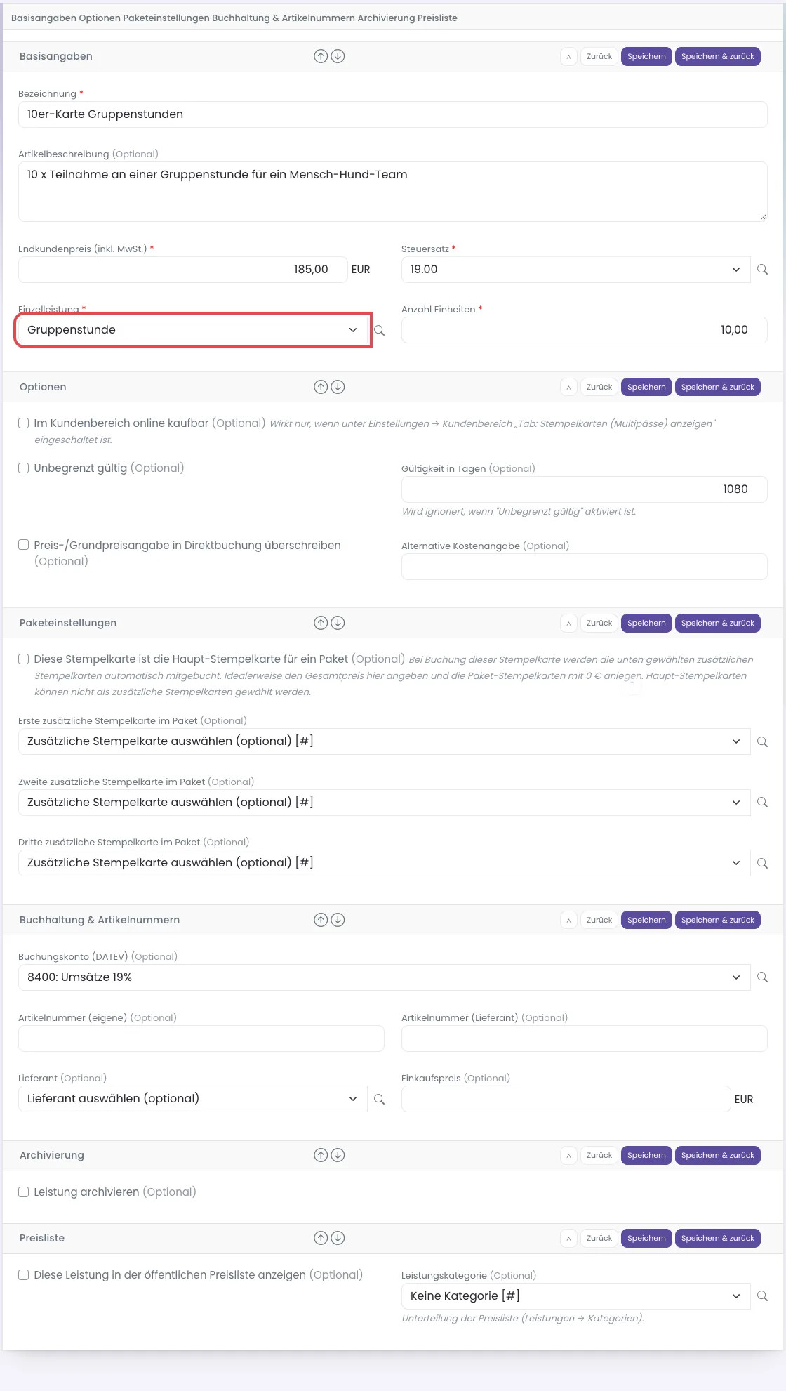 Formular Stempelkarte (Multipass) bearbeiten mit Basisangaben, Optionen, Paketeinstellungen, Buchhaltung, Archivierung und Preisliste