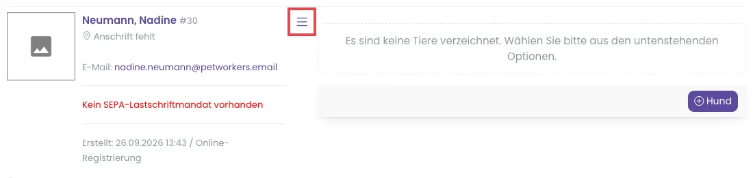 Kontaktkarte des Kunden, das Menü mit den drei Strichen ist rot markiert