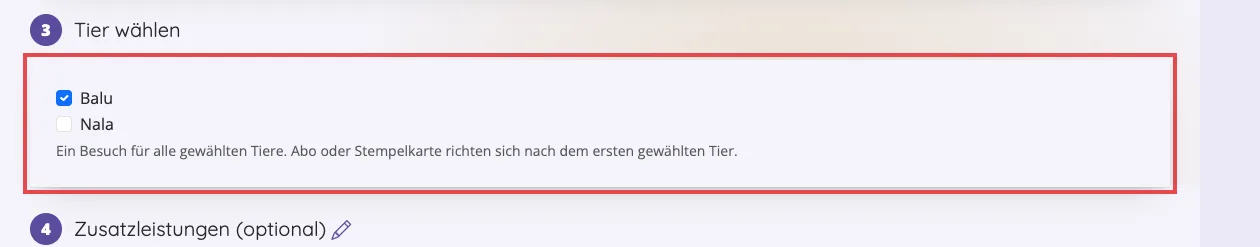 Schritt 3 der Online-Buchung: Tier wählen mit Häkchen