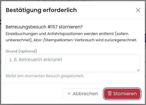 Bestätigungsfenster zum Stornieren eines Betreuungsbesuchs