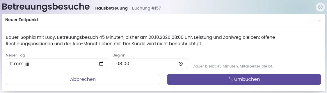 Seite Buchung umbuchen mit Neuer Tag und Beginn