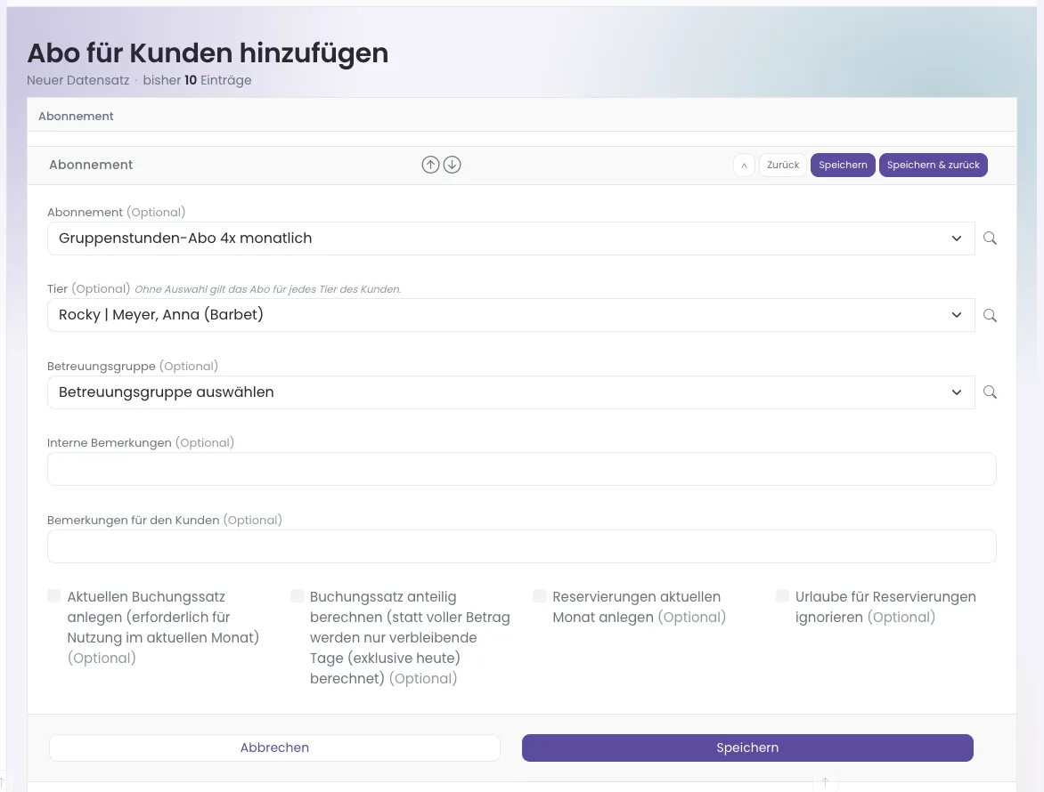 Formular Abo für Kunden hinzufügen